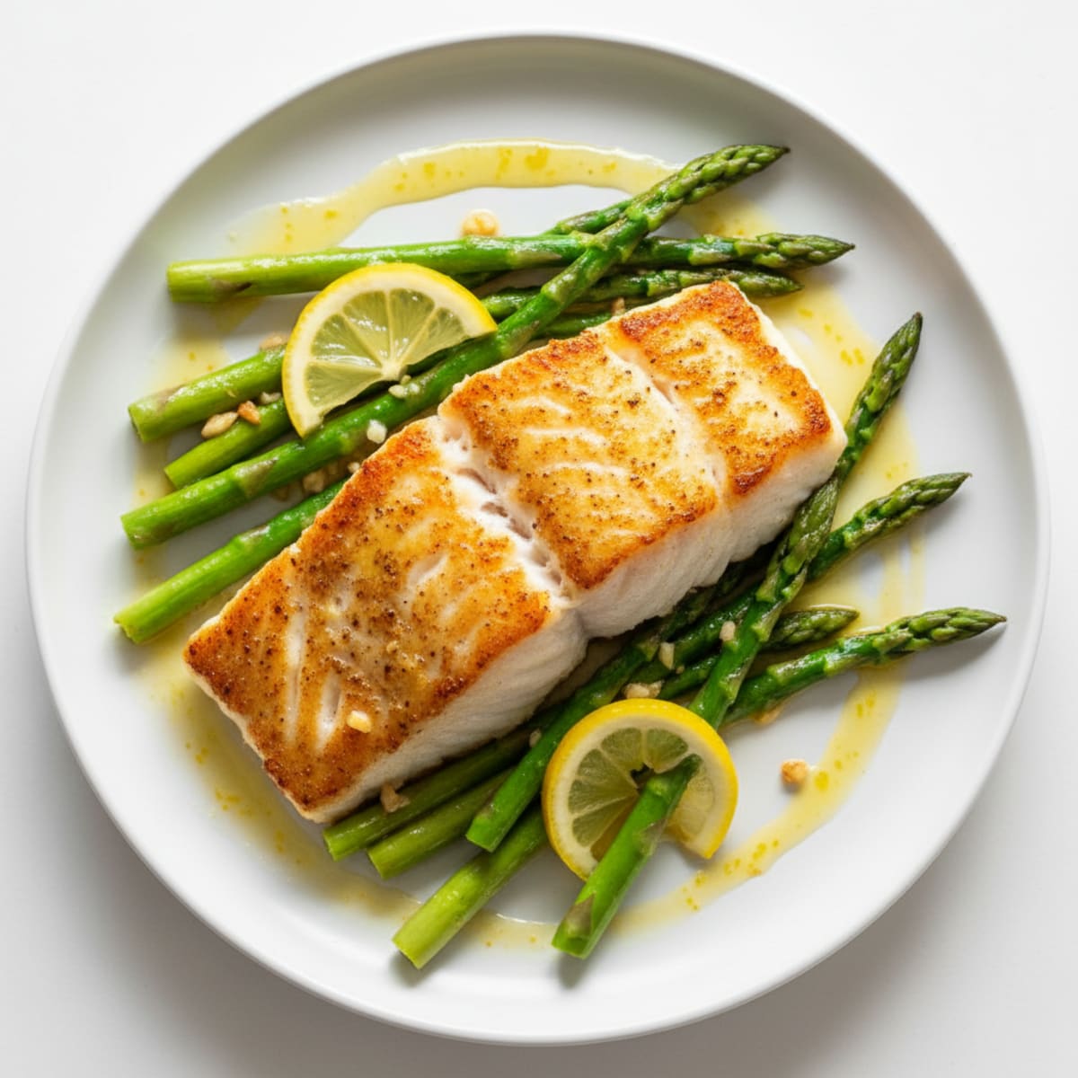 Seared Cod Fillet with Lemon-Garlic Asparagus