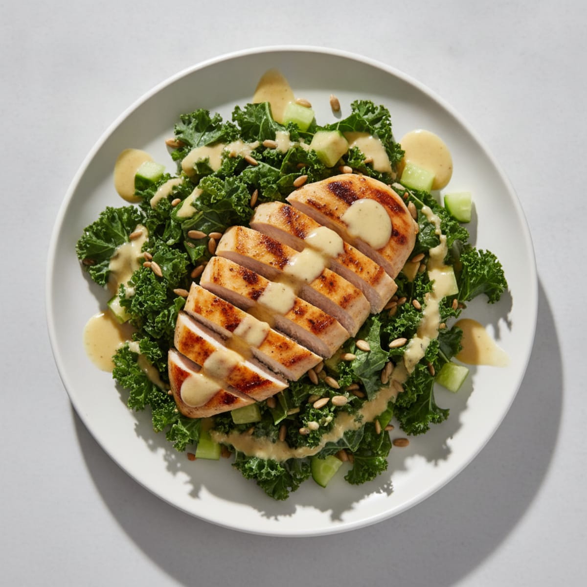 Grilled Chicken Breast with Crunchy Kale Salad and Lemon Tahini Dressing