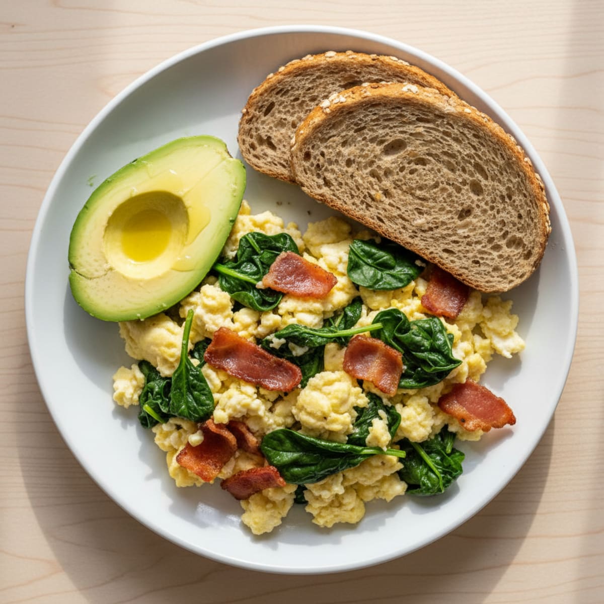 Crispy Turkey Bacon and Egg White Scramble with Sautéed Spinach