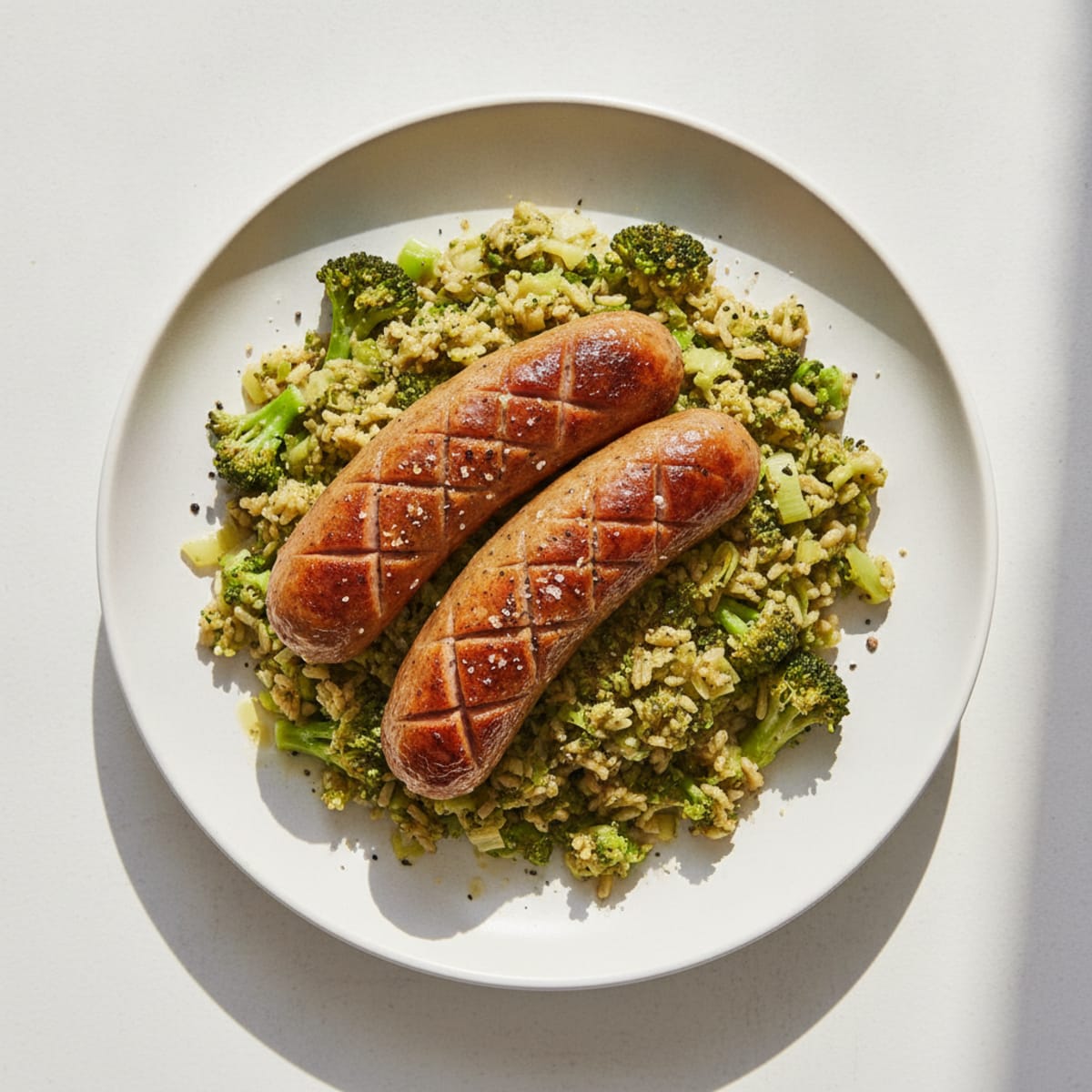 Meat-Free Sausage with Broccoli Leek Rice
