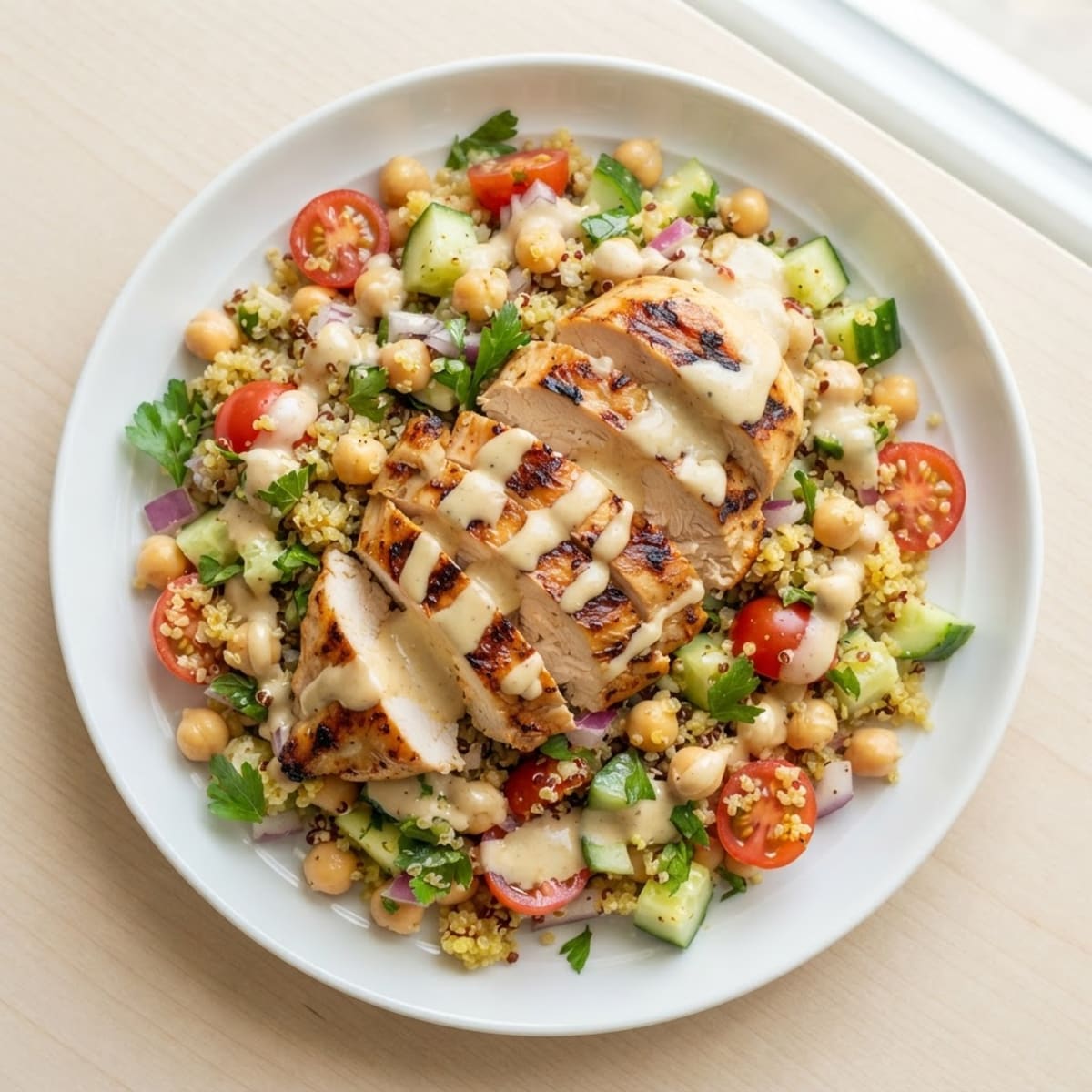 Grilled Chicken Breast with Chickpea Quinoa Salad and Lemon Tahini Dressing