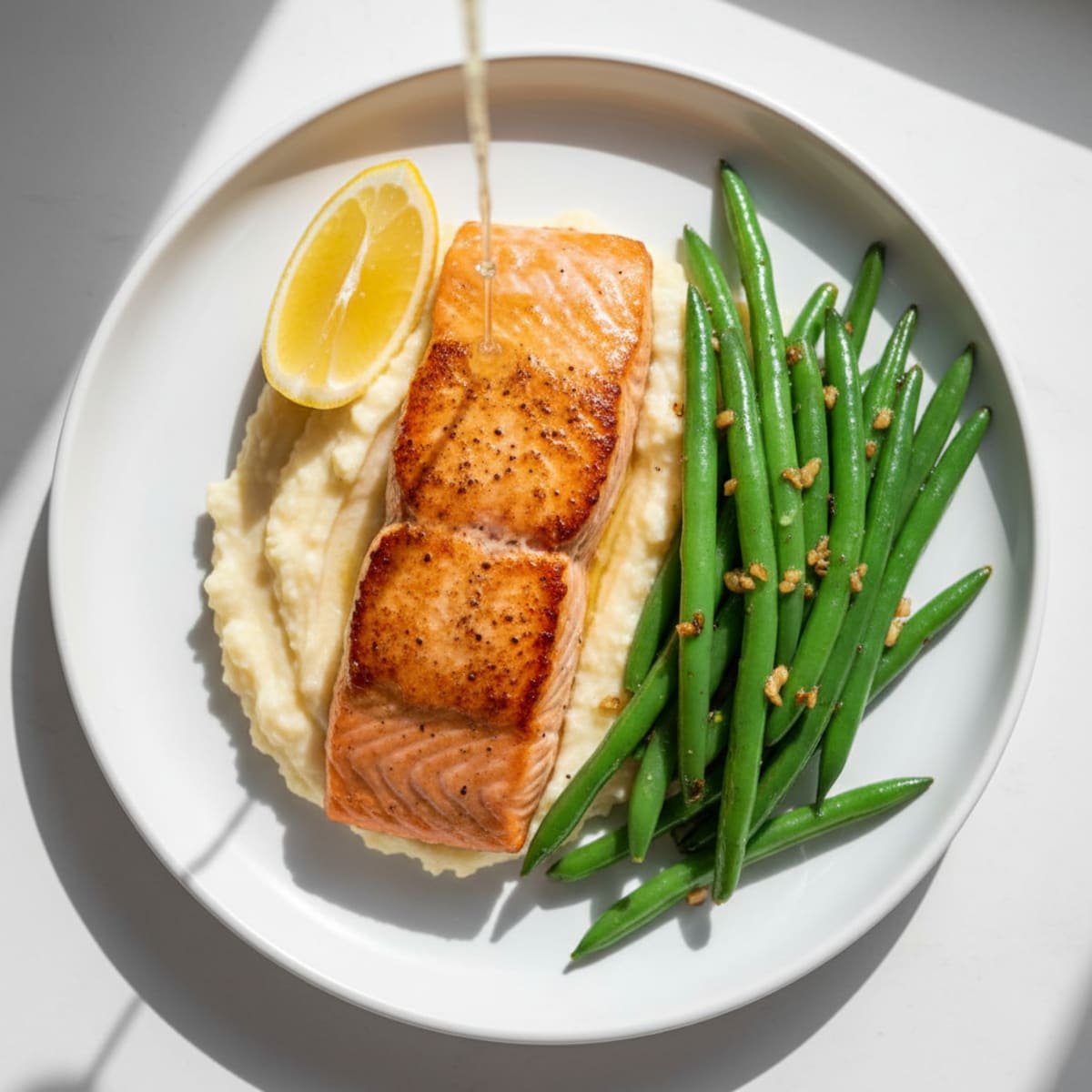 Seared Salmon with Garlic Green Beans and Cauliflower Mash