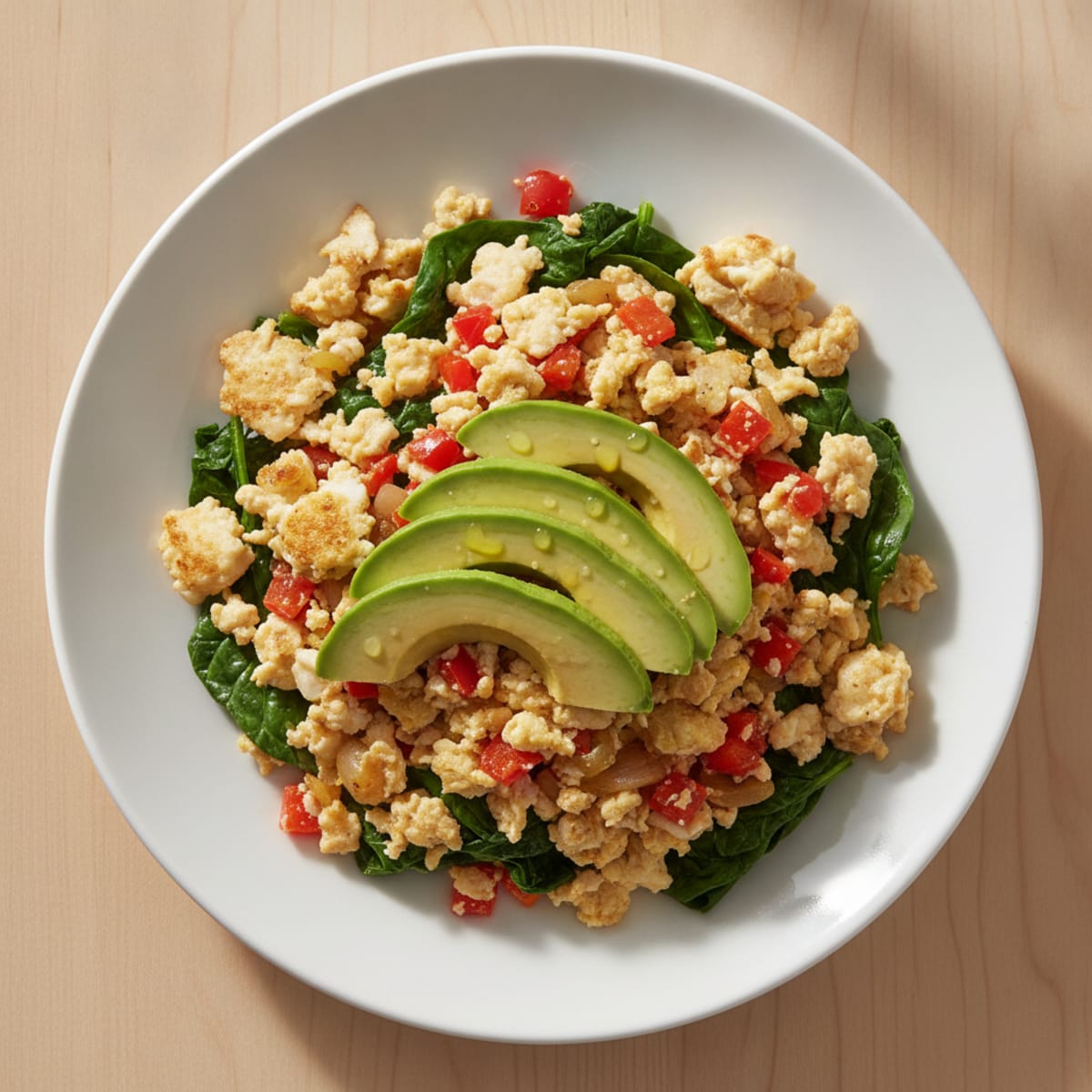 Egg White Veggie Scramble with Sautéed Spinach