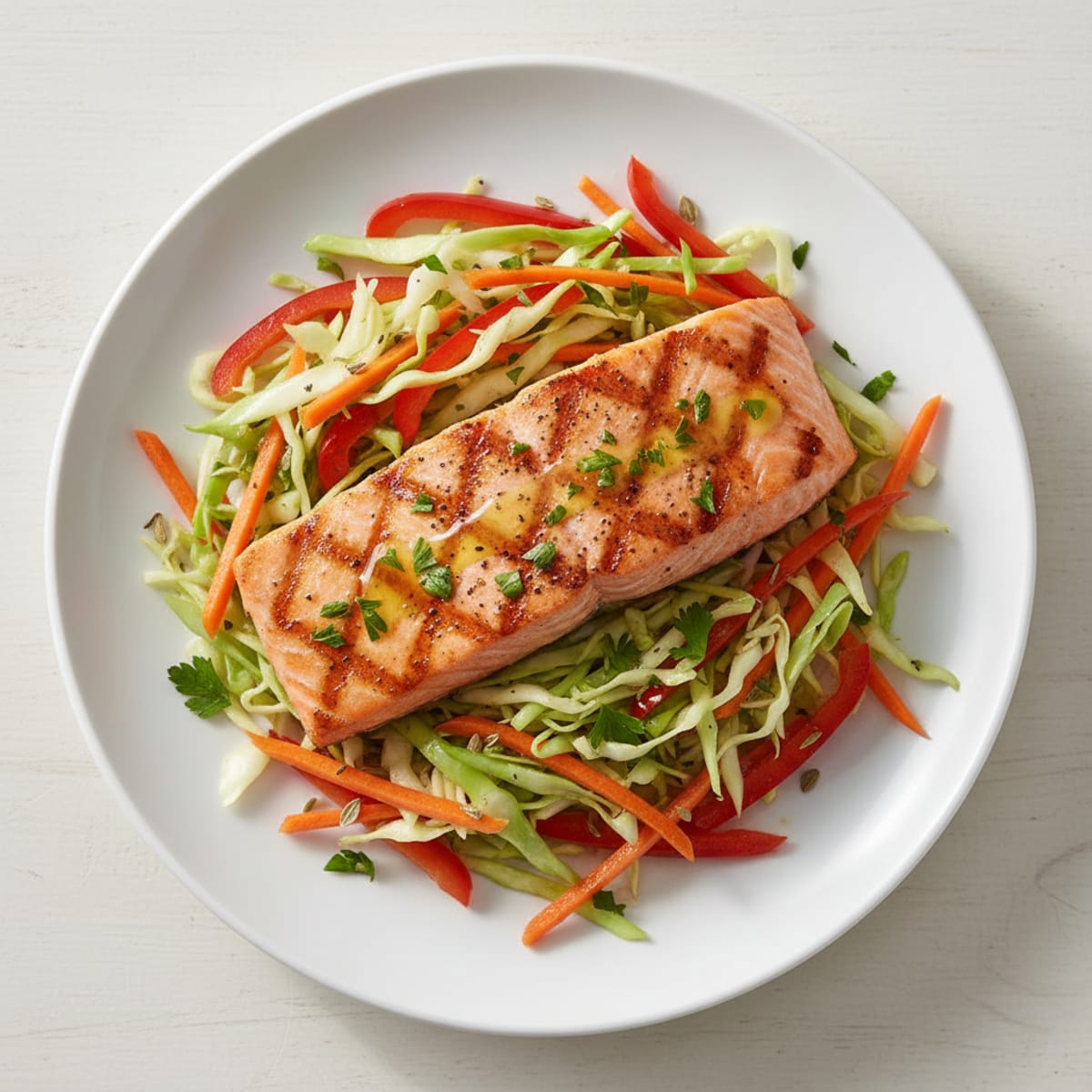 Grilled Lemon Herb Salmon with Crunchy Vegetable Slaw