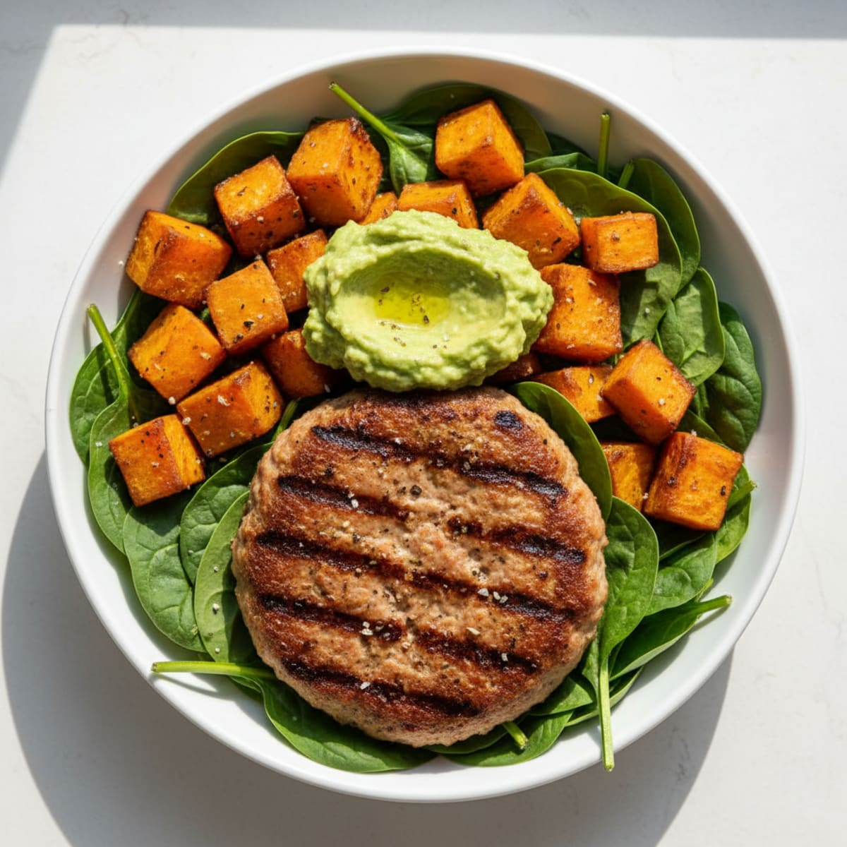 Grilled Turkey Burger Bowl with Roasted Sweet Potato and Fresh Spinach