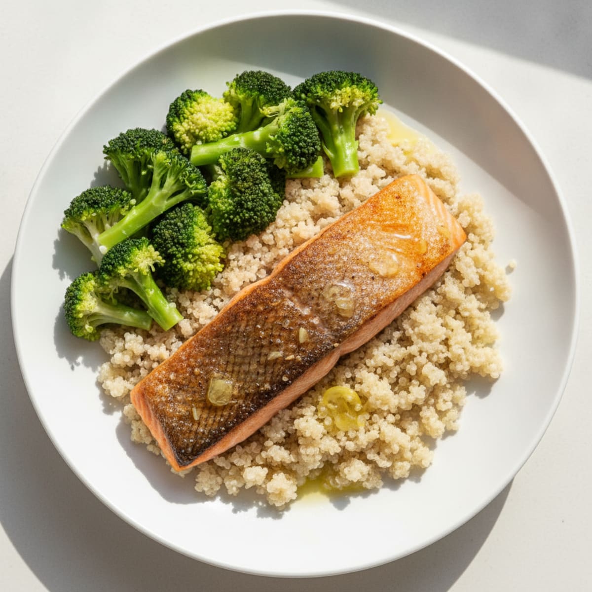 Seared Salmon Fillet with Steamed Broccoli and Quinoa