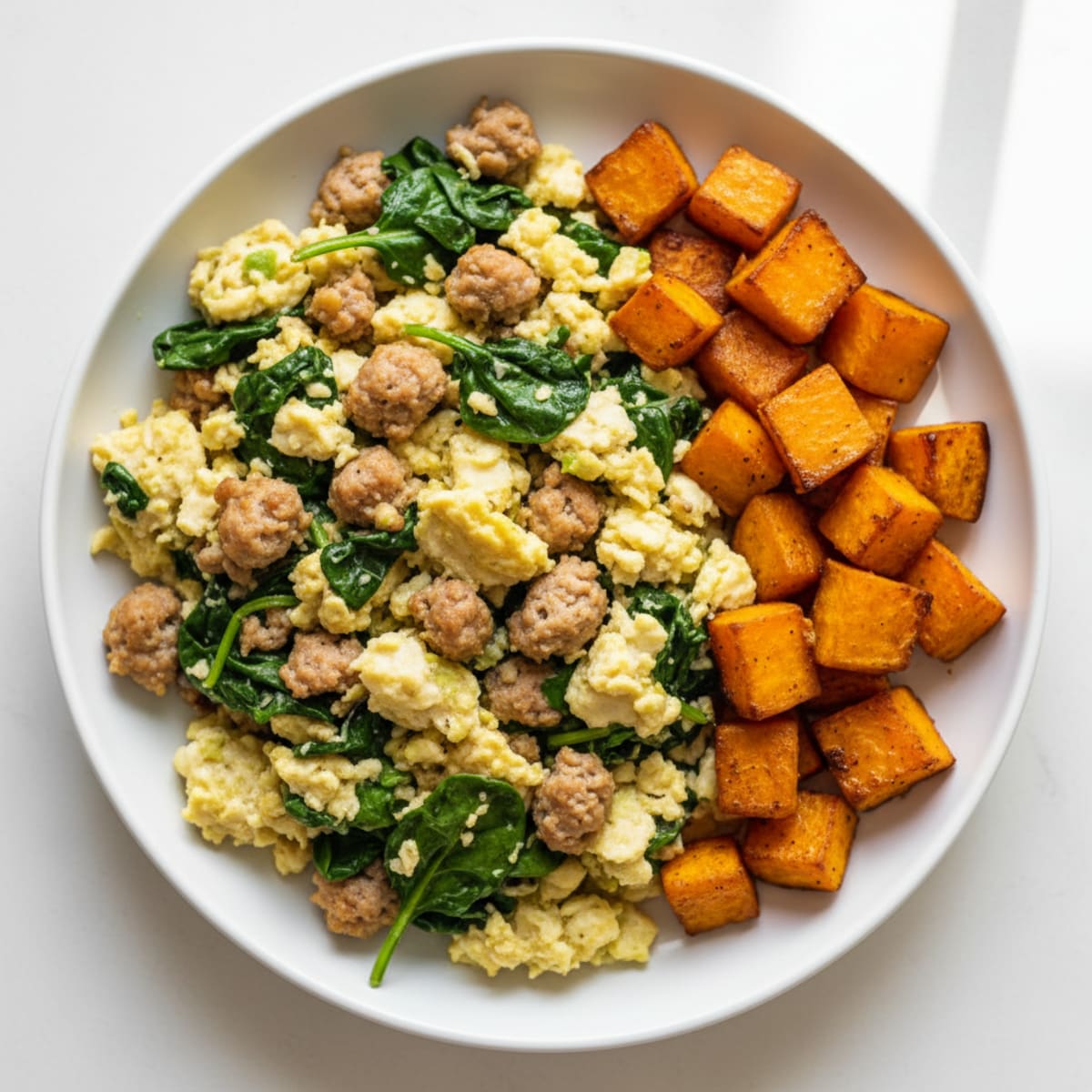 Egg White and Turkey Sausage Scramble with Spinach and Roasted Sweet Potato