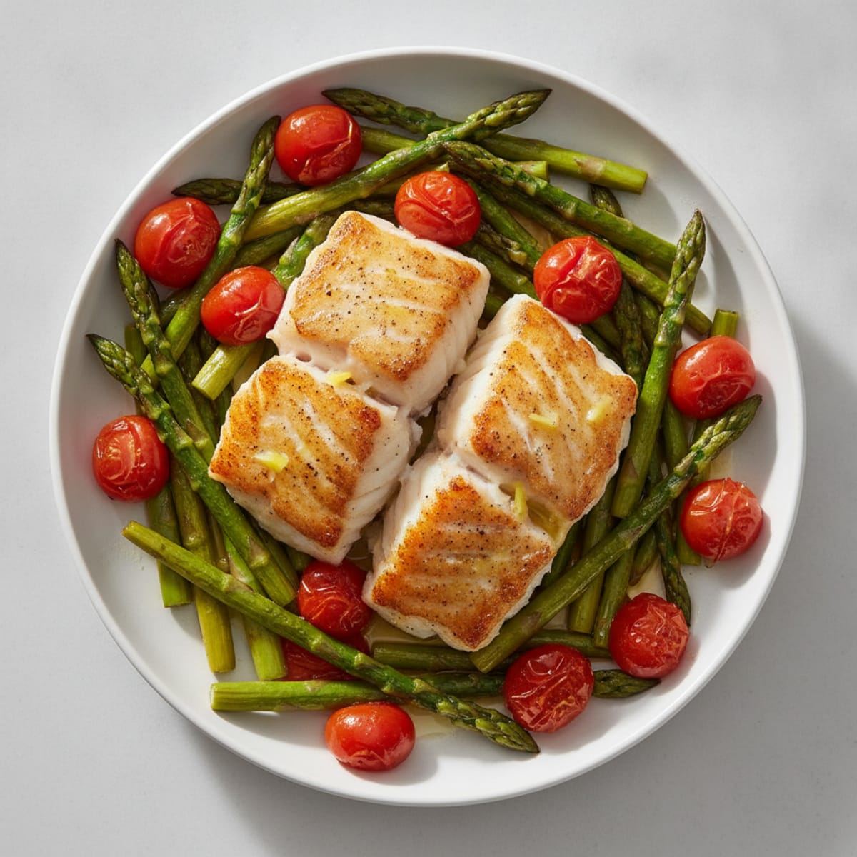 Seared Cod with Roasted Asparagus and Cherry Tomatoes