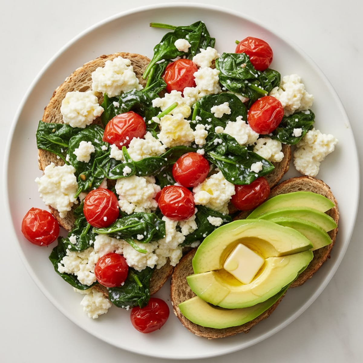 Cottage Cheese Egg White Scramble with Sautéed Spinach and Cherry Tomatoes