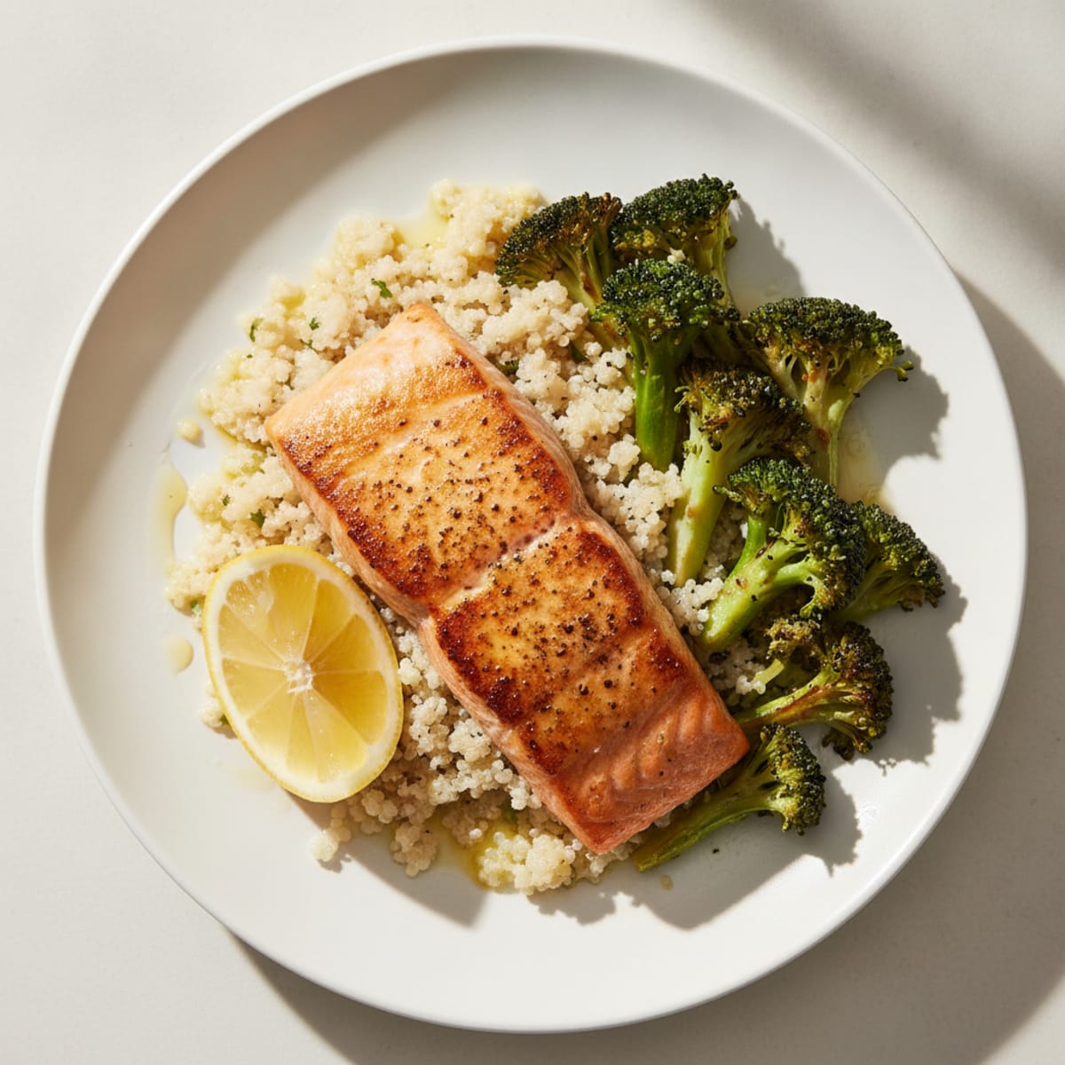 Seared Salmon Filet with Roasted Broccoli and Garlic Quinoa