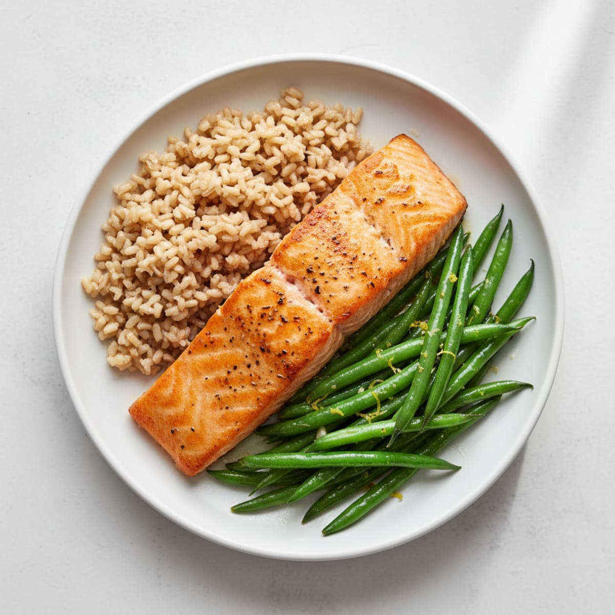 Seared Salmon with Lemon Garlic Green Beans and Brown Rice