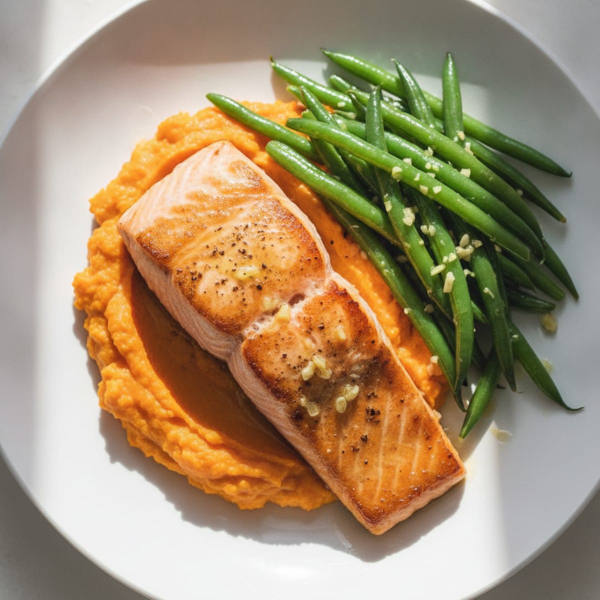 Seared Salmon Fillet with Garlic Green Beans and Mashed Sweet Potato