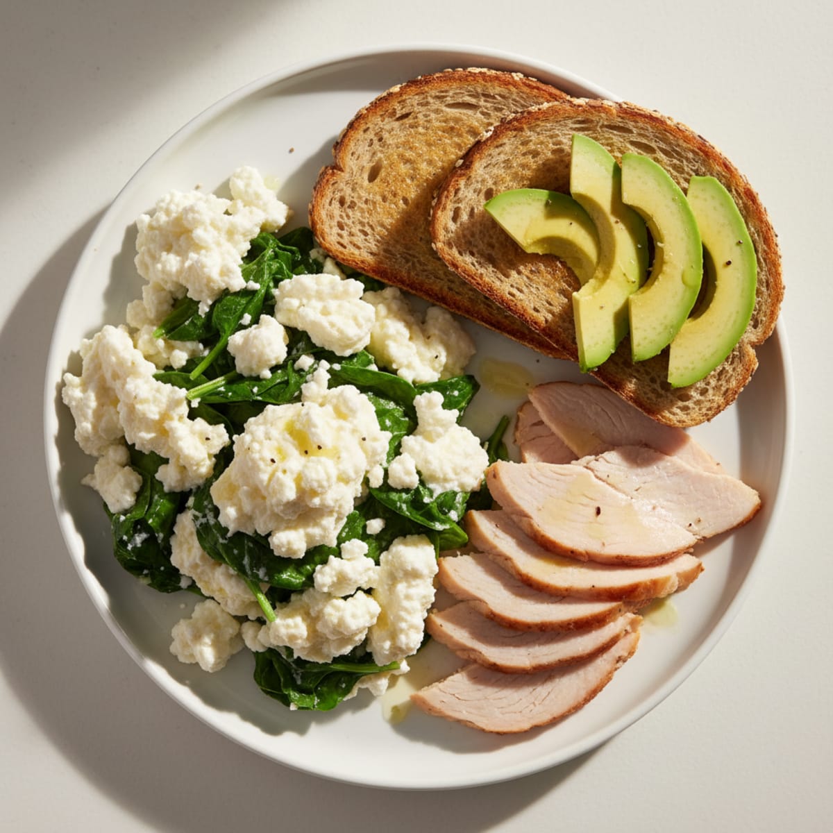 Egg White and Spinach Scramble with Cottage Cheese and Sliced Turkey