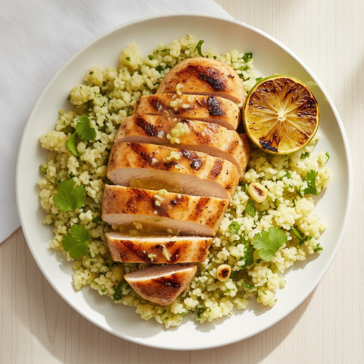 Grilled Chicken Breast with Cilantro Lime Cauliflower Rice