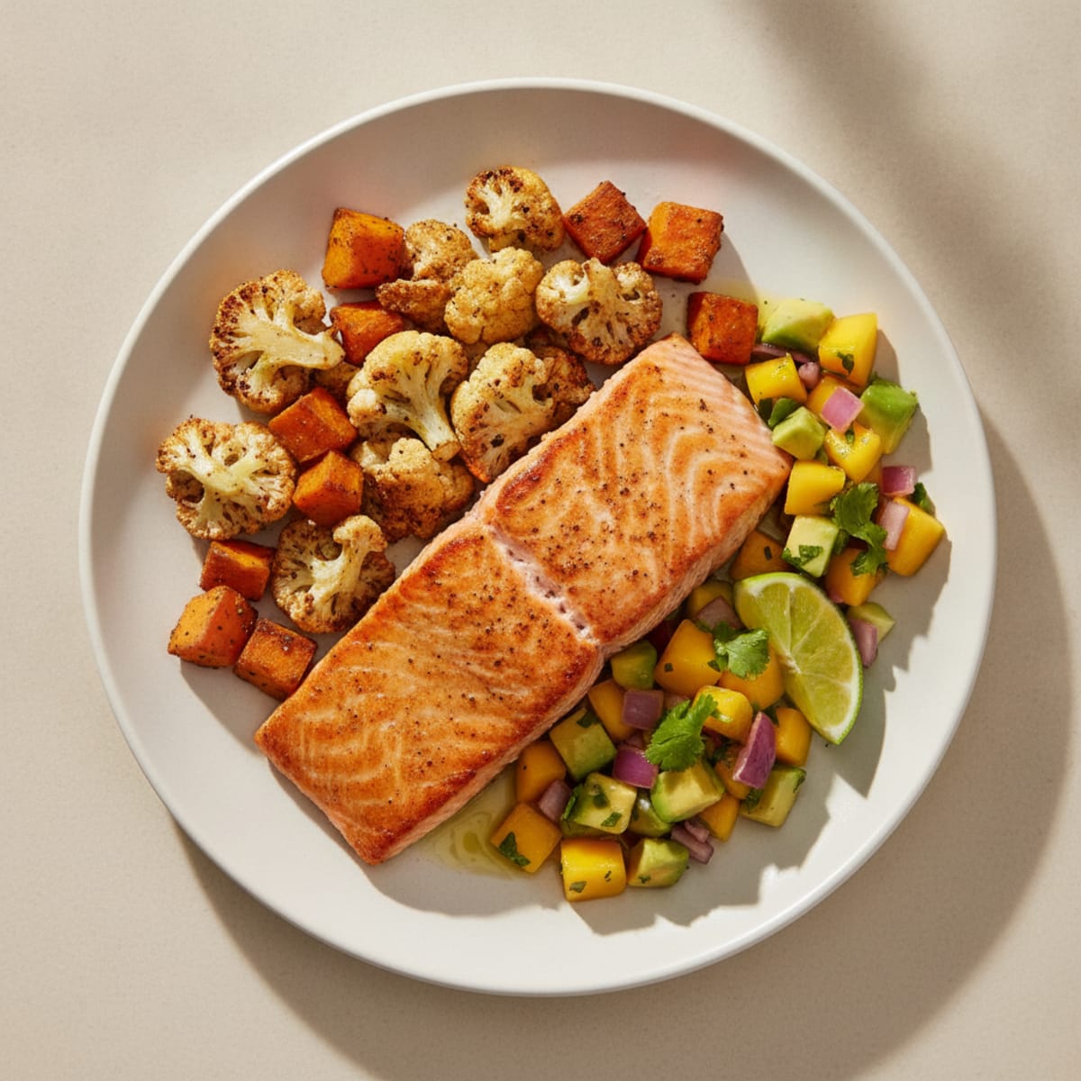 Seared Salmon with Roasted Cauliflower and Mango Salsa