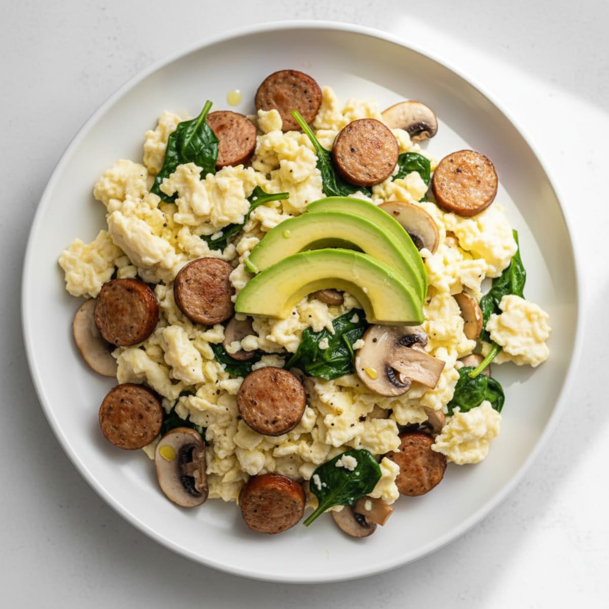 Egg White and Turkey Sausage Scramble with Spinach and Mushrooms
