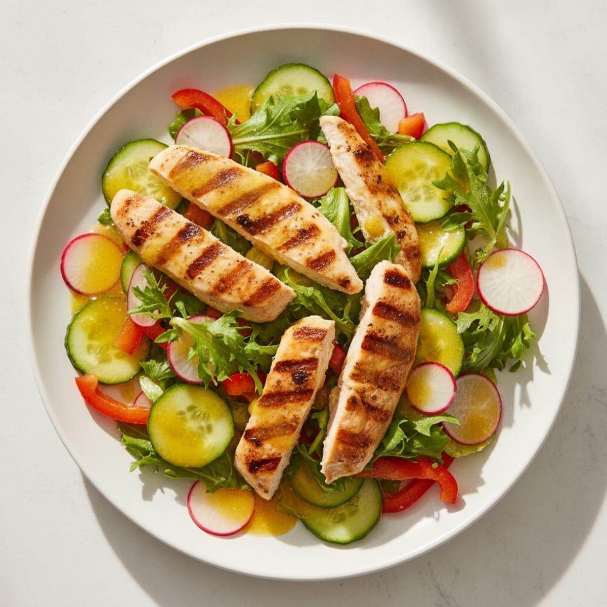 Grilled Chicken Salad with Crunchy Vegetables and Lemon Vinaigrette