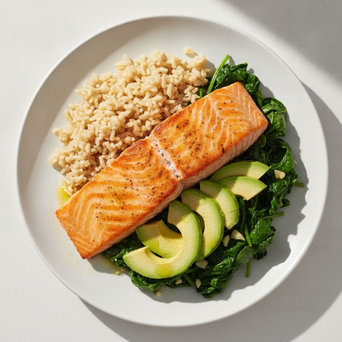 Seared Salmon with Garlic Sautéed Spinach and Brown Rice