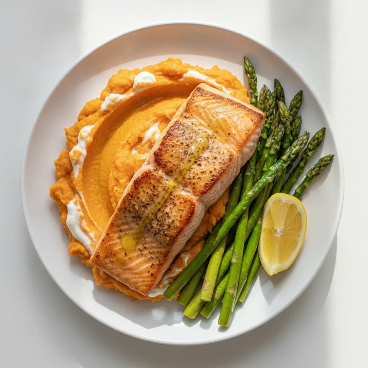 Seared Salmon Fillet with Roasted Asparagus and Sweet Potato Mash
