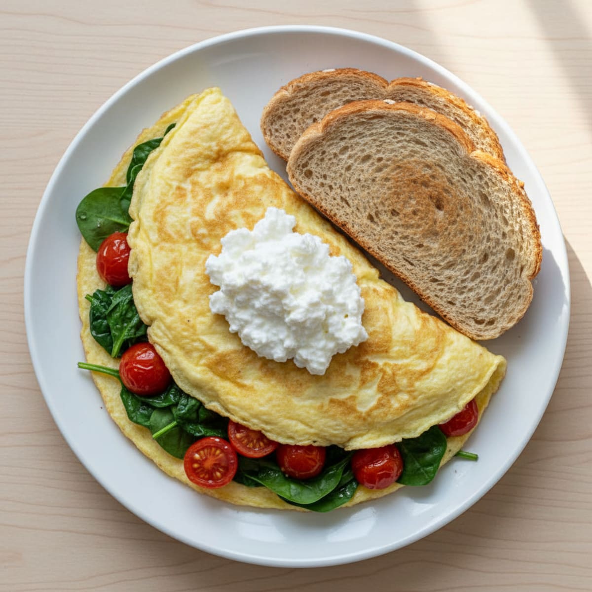 Egg White Spinach Omelet with Cottage Cheese and Cherry Tomatoes