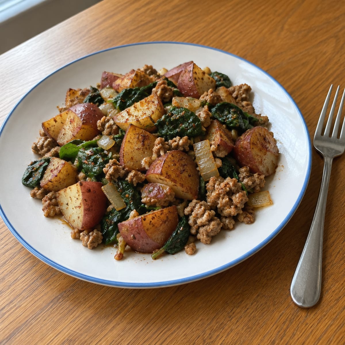 Ground pork potato bake with spinach