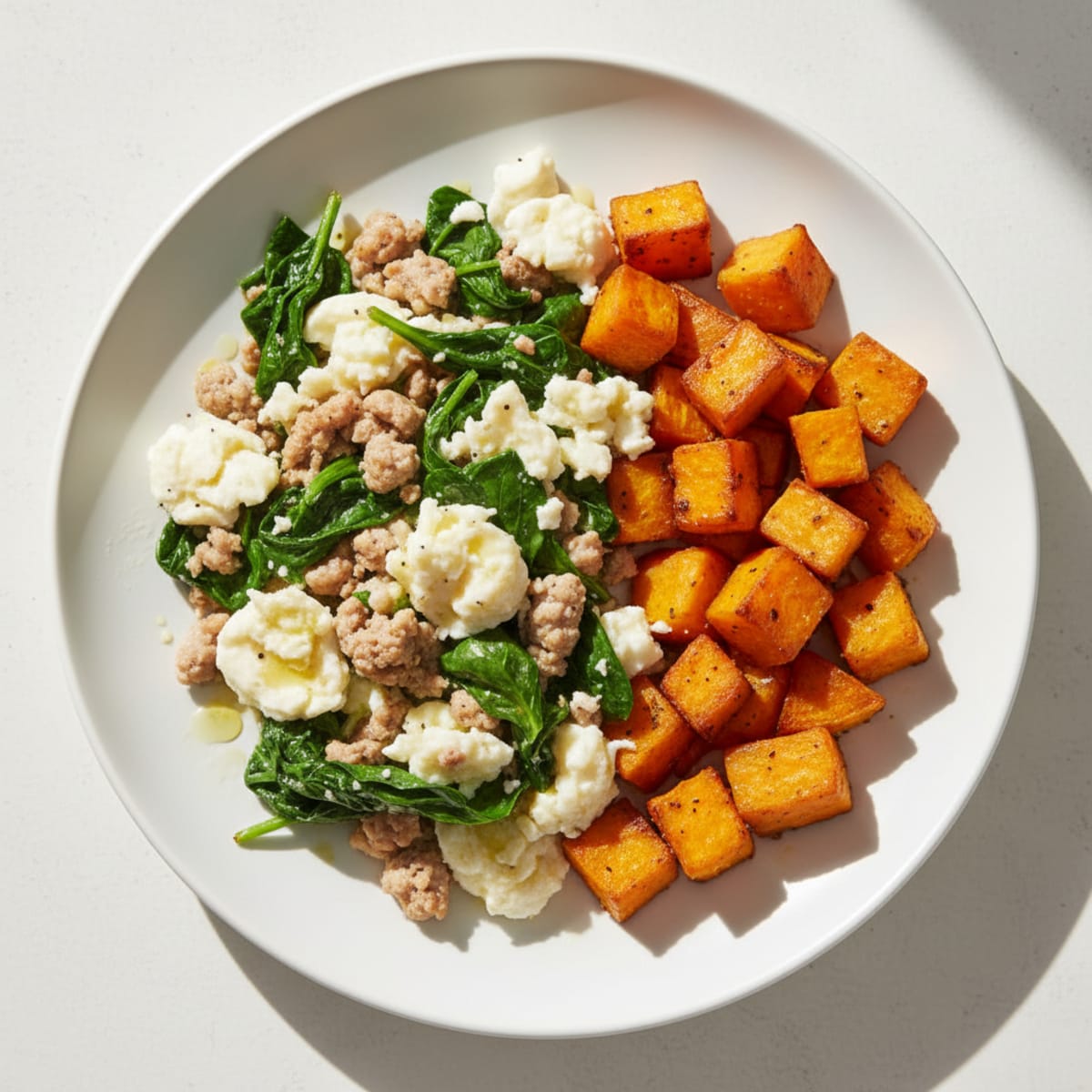 Egg White and Turkey Spinach Scramble with Roasted Sweet Potato