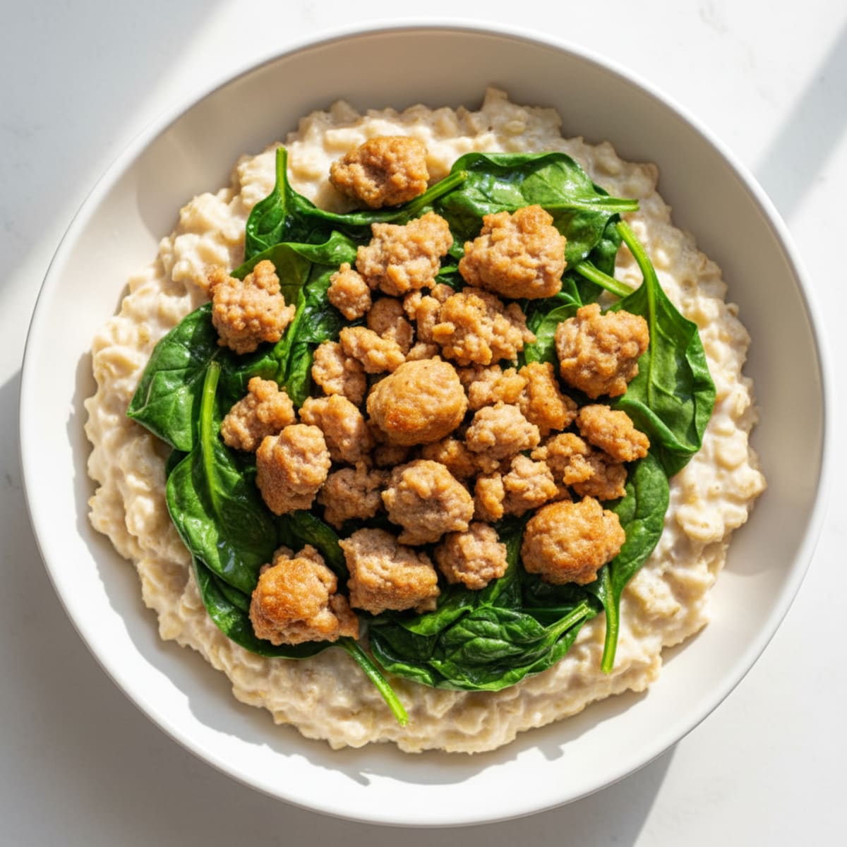 Egg White Oatmeal with Sautéed Spinach and Turkey Sausage