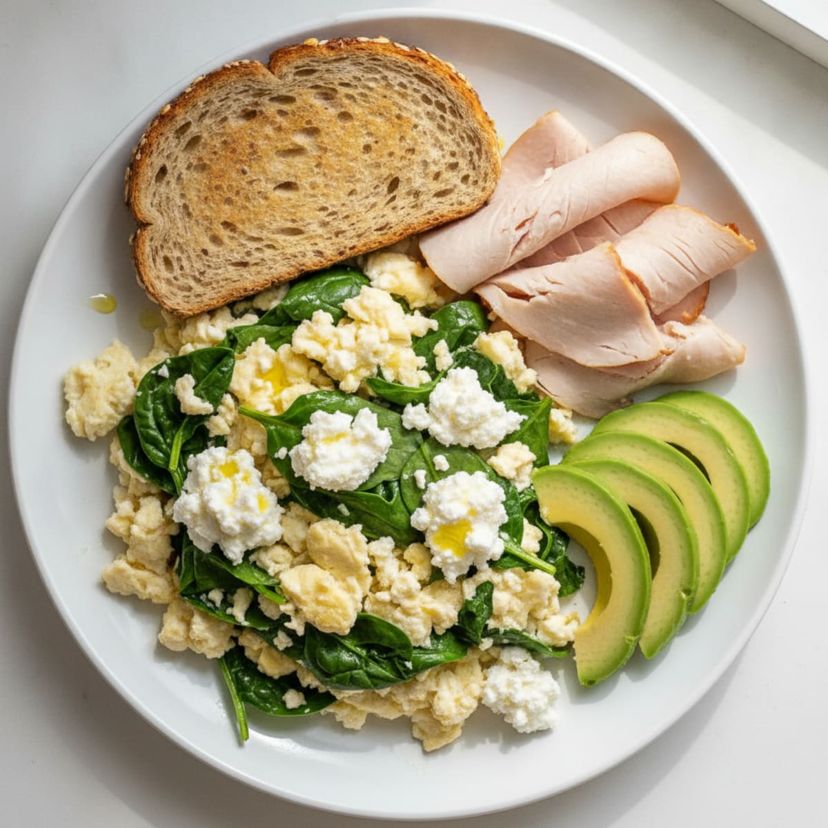 Egg White and Spinach Scramble with Cottage Cheese and Sliced Turkey