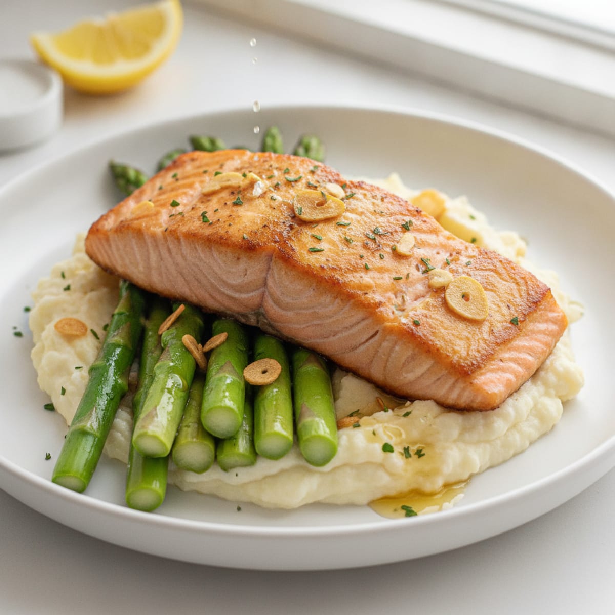 Seared Salmon with Steamed Asparagus and Cauliflower Mash