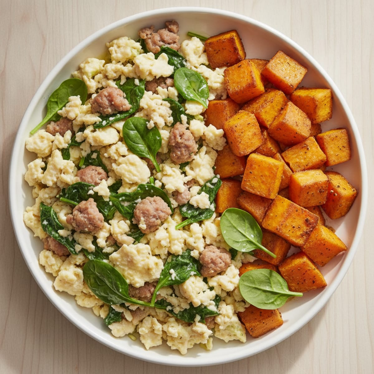 Egg White and Turkey Sausage Scramble with Spinach and Roasted Sweet Potato