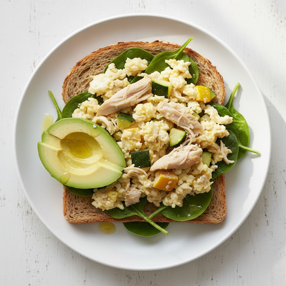 Egg White and Chicken Veggie Scramble on Toasted Bread
