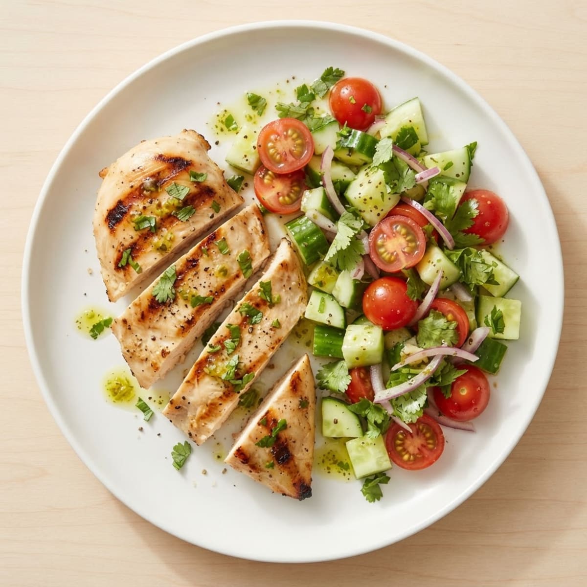 Grilled Chicken Breast with Cucumber Tomato Salad