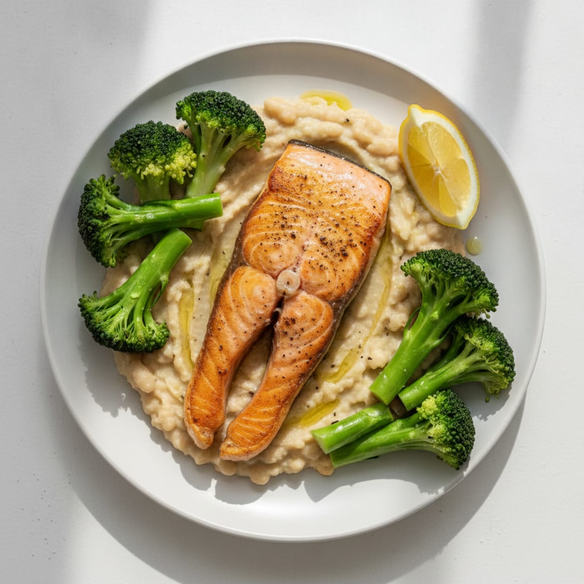 Seared Salmon with Creamy White Bean Mash and Steamed Broccoli