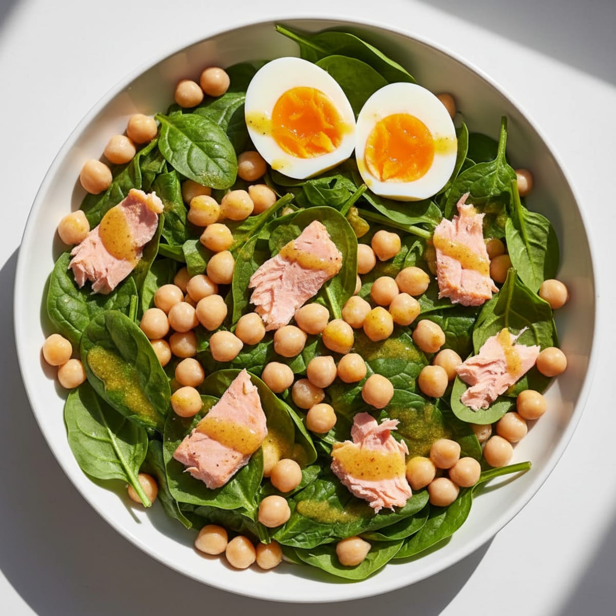 Chickpea Spinach Salad with Hard-Boiled Eggs and Wild Salmon