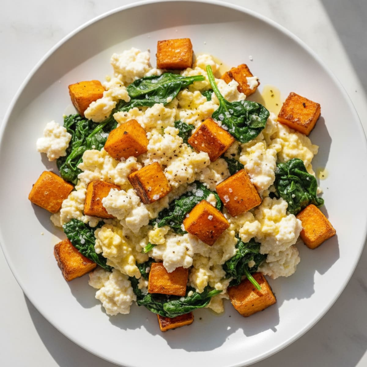 Cottage Cheese Scramble with Sautéed Spinach and Roasted Sweet Potato