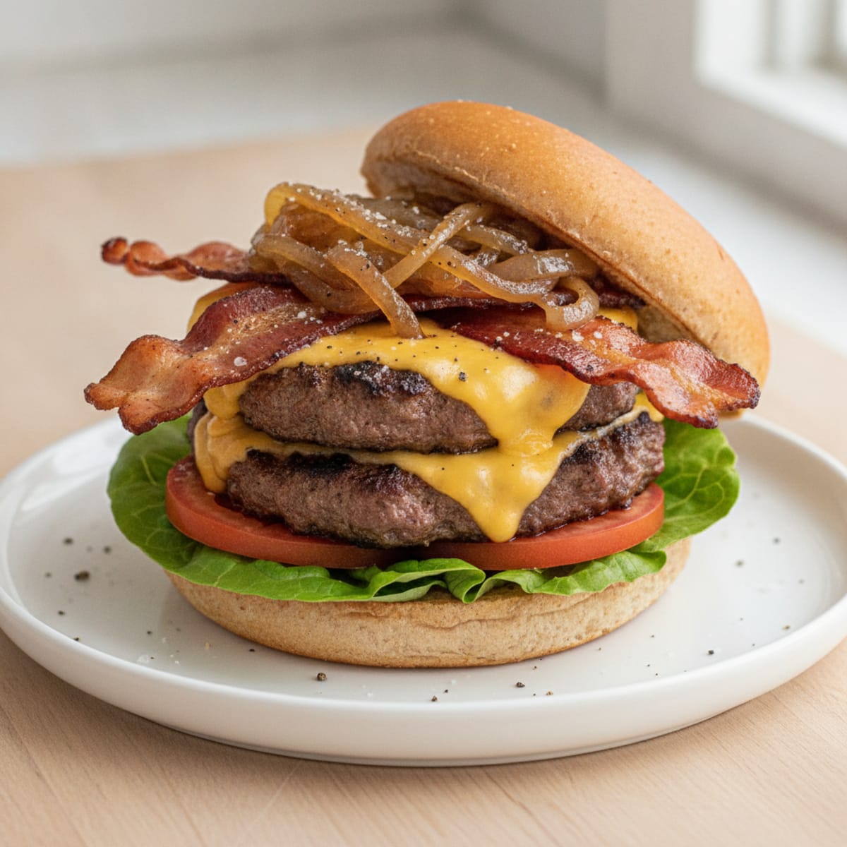 Double Bacon Cheeseburger with Caramelized Onions
