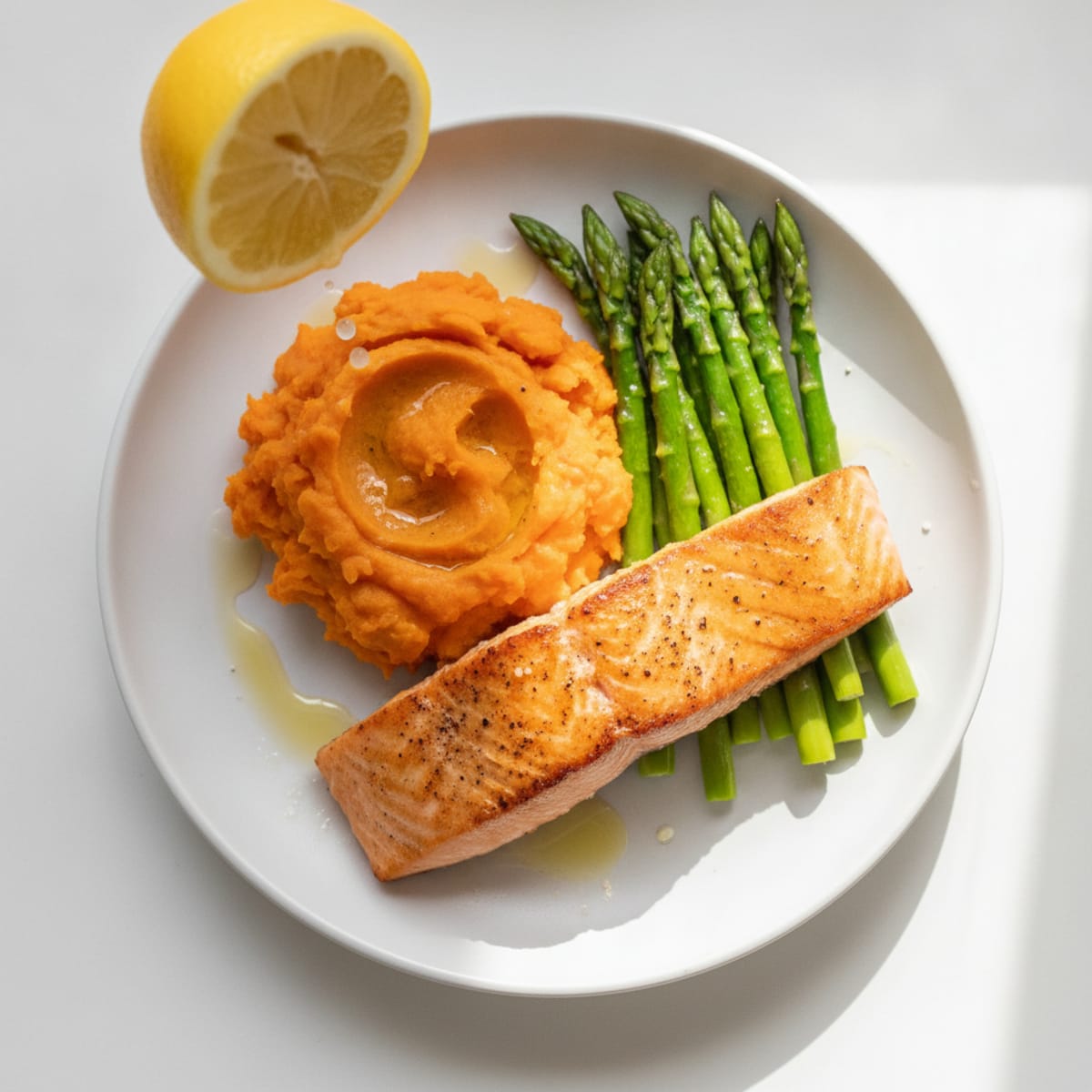 Seared Salmon with Steamed Asparagus and Mashed Sweet Potato