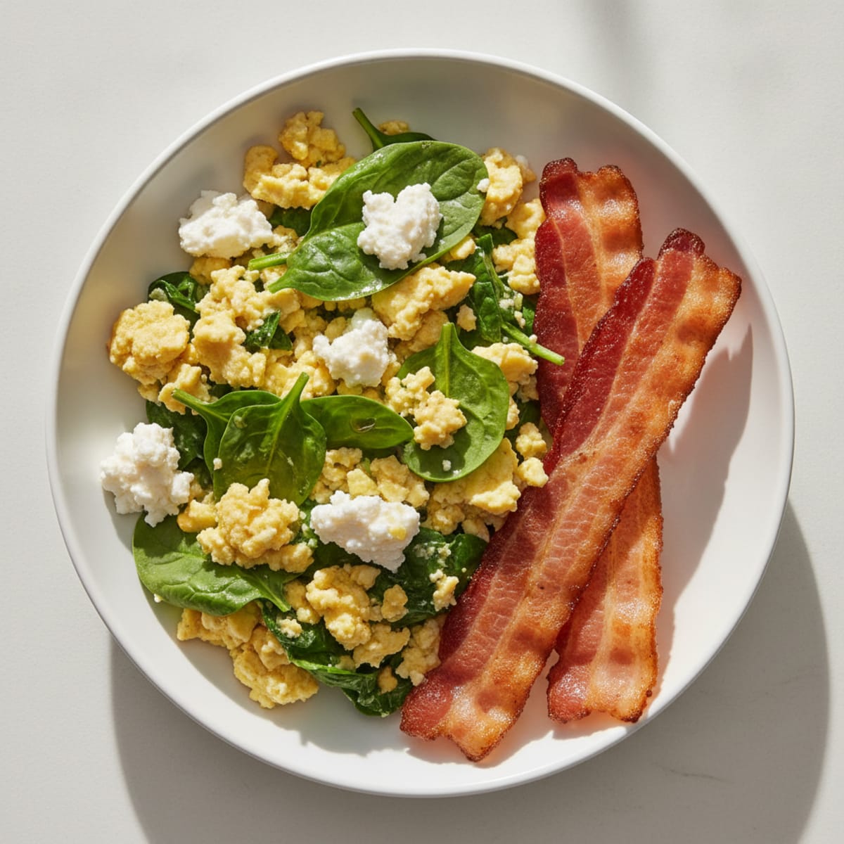 Cottage Cheese Egg Scramble with Spinach and Turkey Bacon