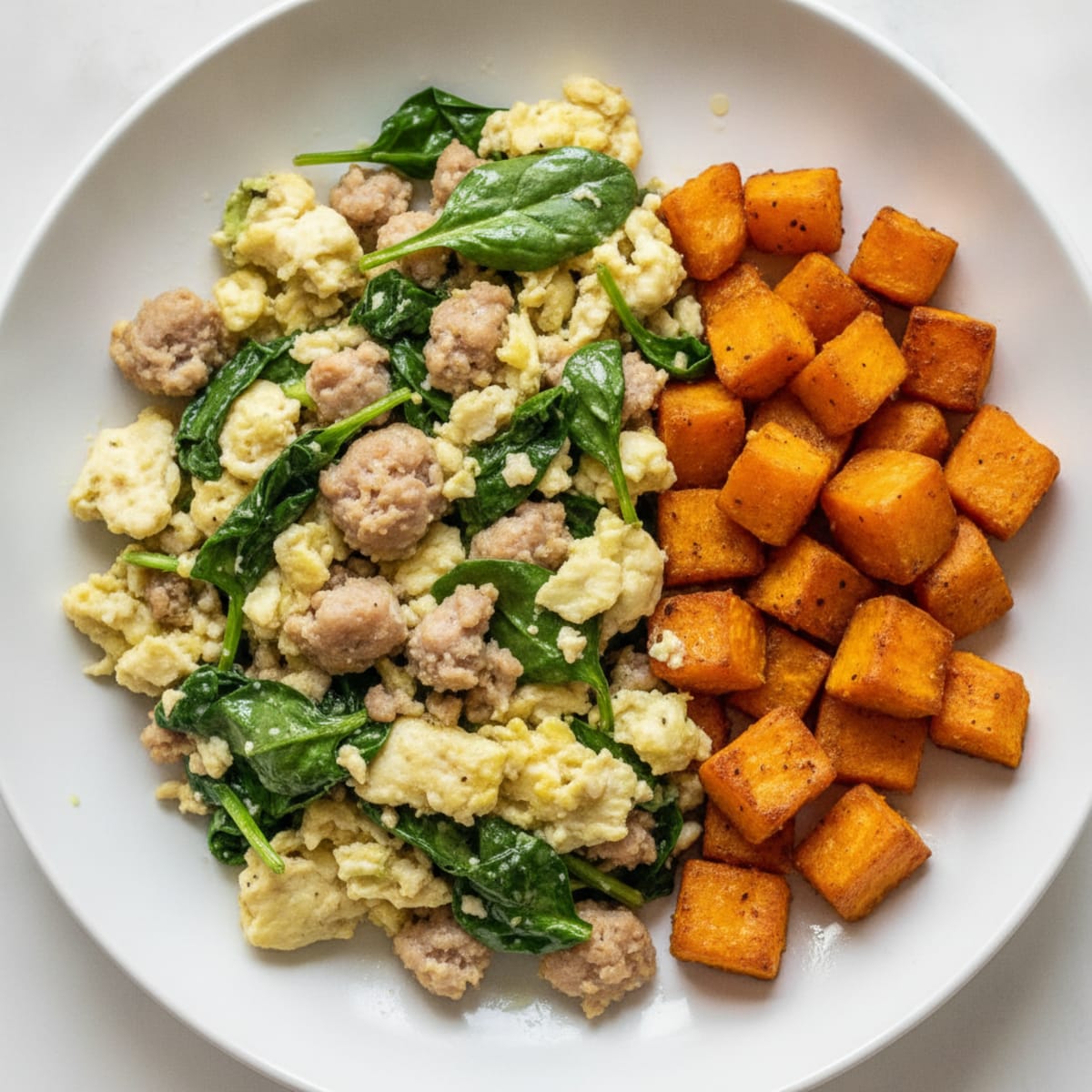 Egg White and Turkey Sausage Scramble with Spinach and Roasted Sweet Potato
