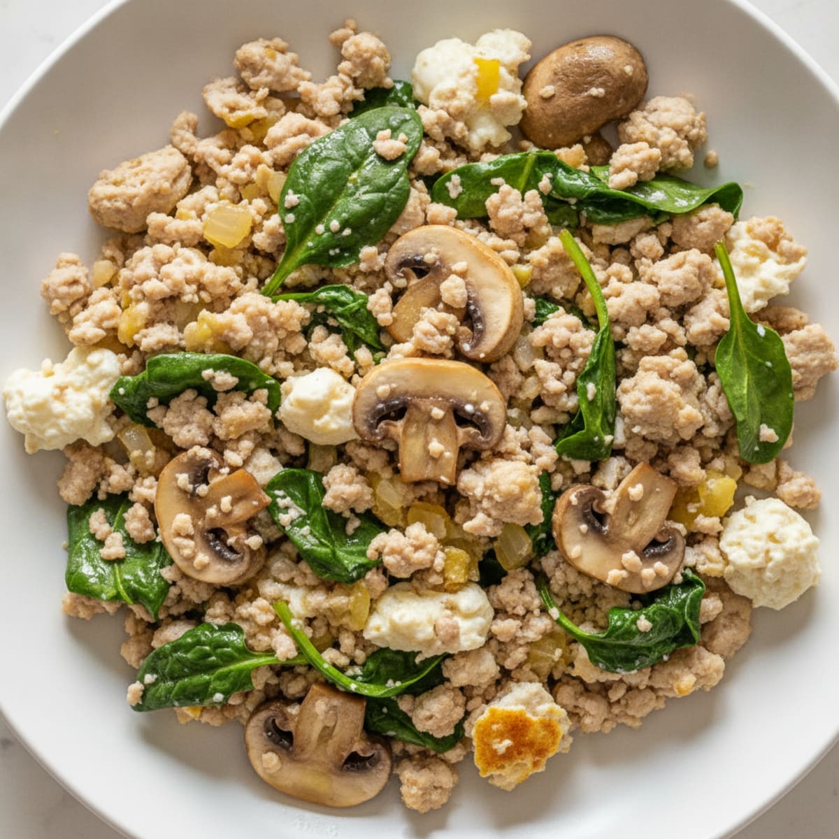 Egg White and Turkey Spinach Scramble with Sautéed Mushrooms