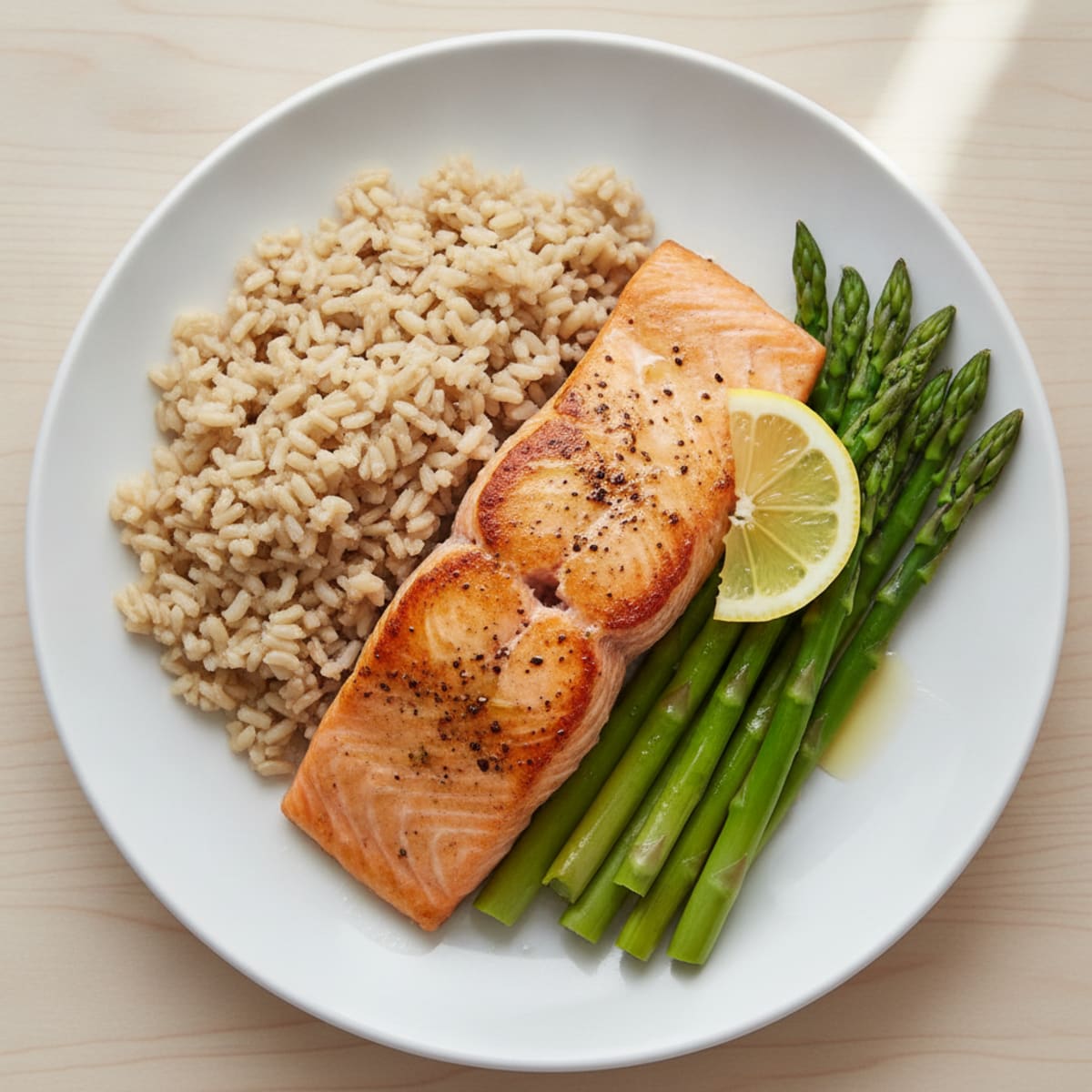 Seared Salmon Fillet with Steamed Asparagus and Brown Rice