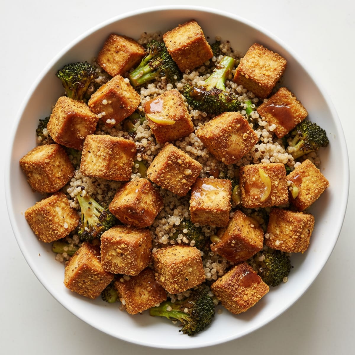 Crispy Tofu Power Bowl with Quinoa and Roasted Broccoli