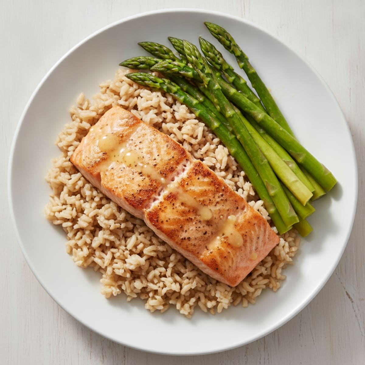 Seared Salmon Fillet with Steamed Asparagus and Brown Rice