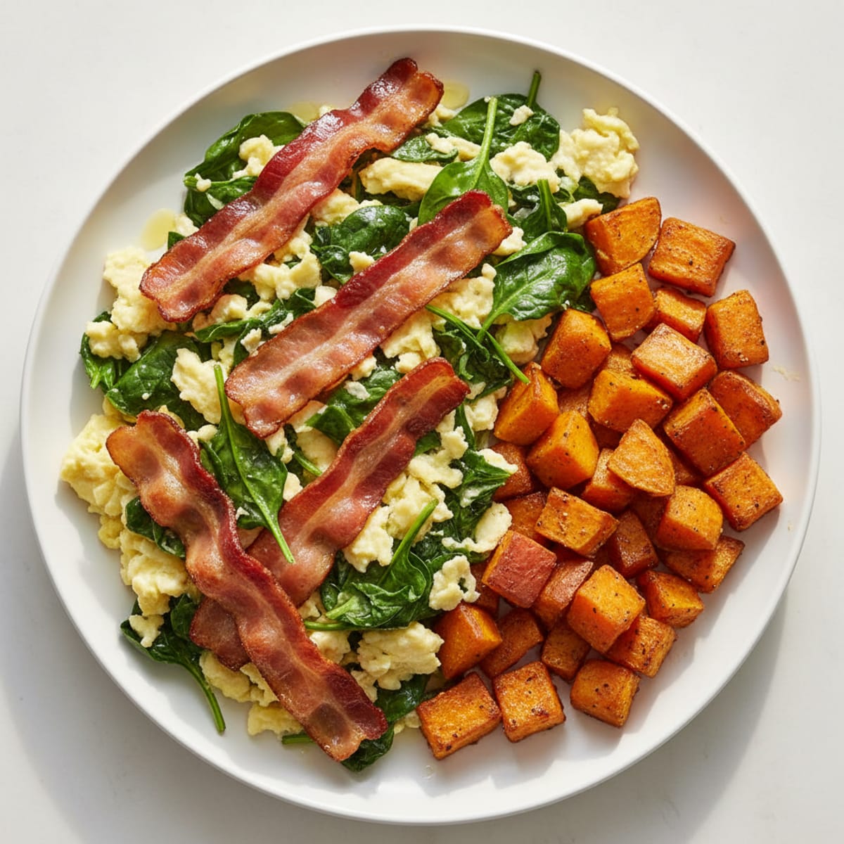 Crispy Turkey Bacon and Spinach Egg Scramble with Roasted Sweet Potatoes