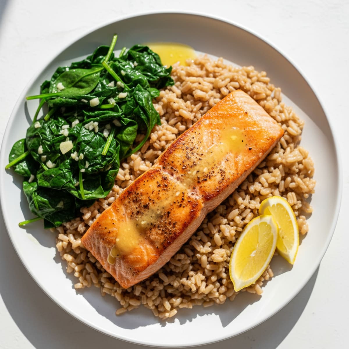 Seared Salmon with Garlic Spinach and Brown Rice