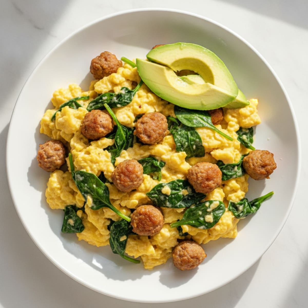 Creamy Scrambled Eggs with Chicken Sausage and Spinach