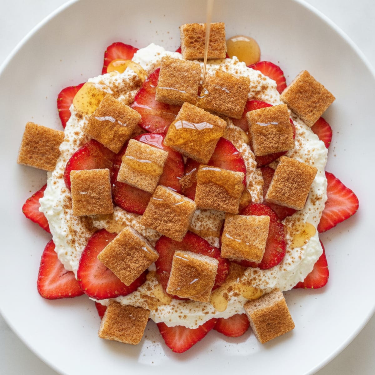 Cottage Cheese Strawberry Protein Parfait with Toasted Bread Cubes
