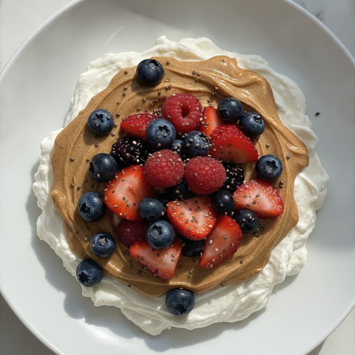 Silky Greek Yogurt Protein Pudding with Almond Butter and Mixed Berries