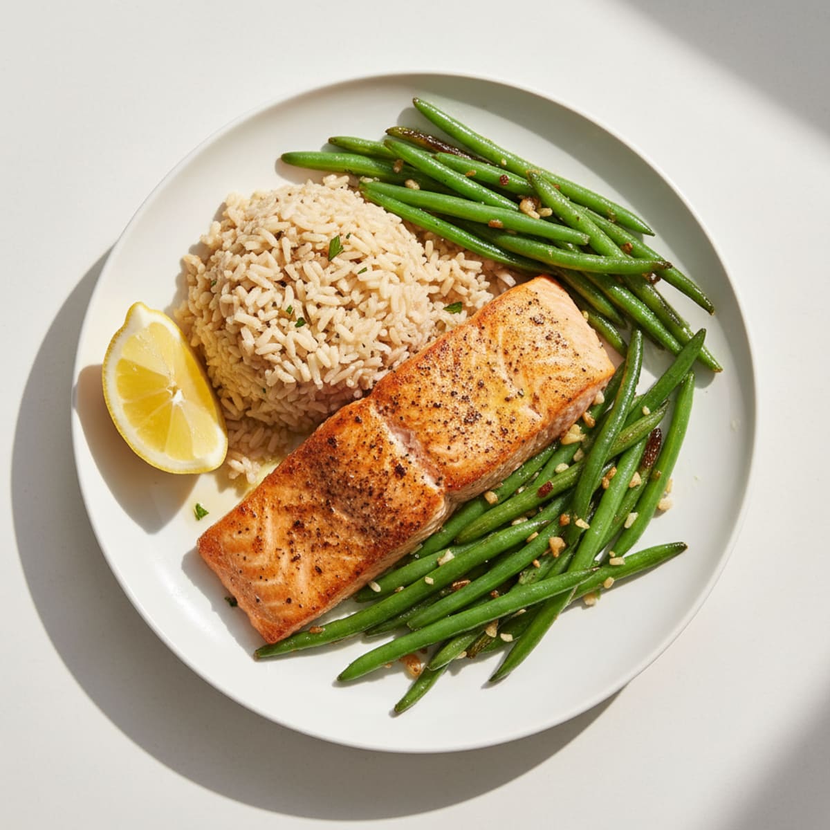 Seared Salmon with Garlic Green Beans and Brown Rice