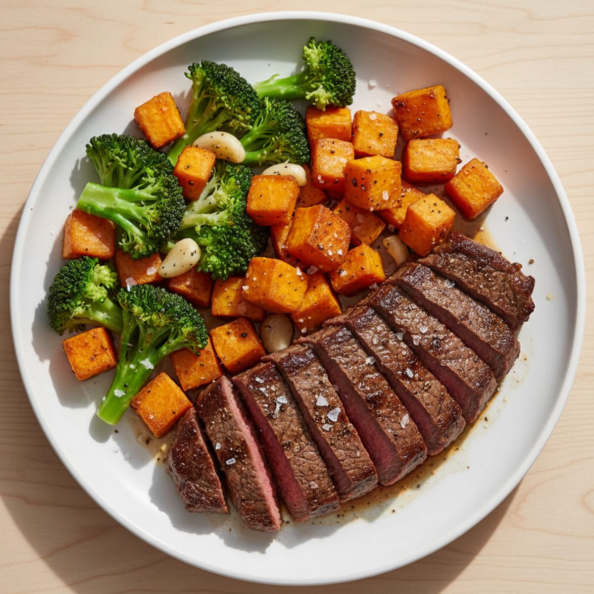 Seared Steak with Roasted Sweet Potatoes and Garlic Broccoli